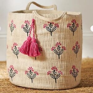 NWT Anthropologie Basket with Tassels and Pink Flowers